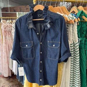 Denim Ruffle Collar Button-Up Shirt